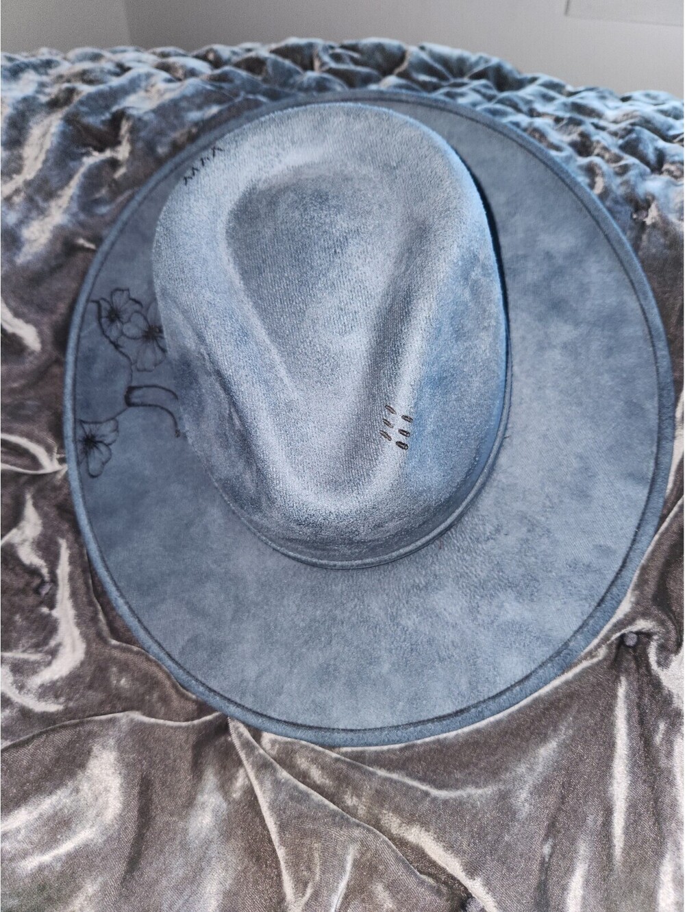 YM Blue Western Hat Medium Floral Embroidery 'Leave Her Wild'